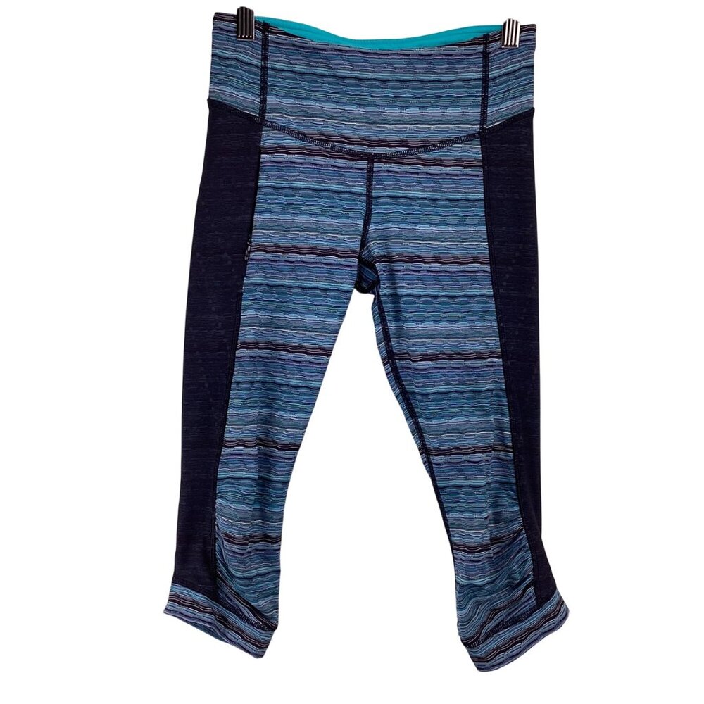 Lululemon Womens Stop At Nothing Crop Stripe Leggings Size 4 Blue &‎ Black Mesh